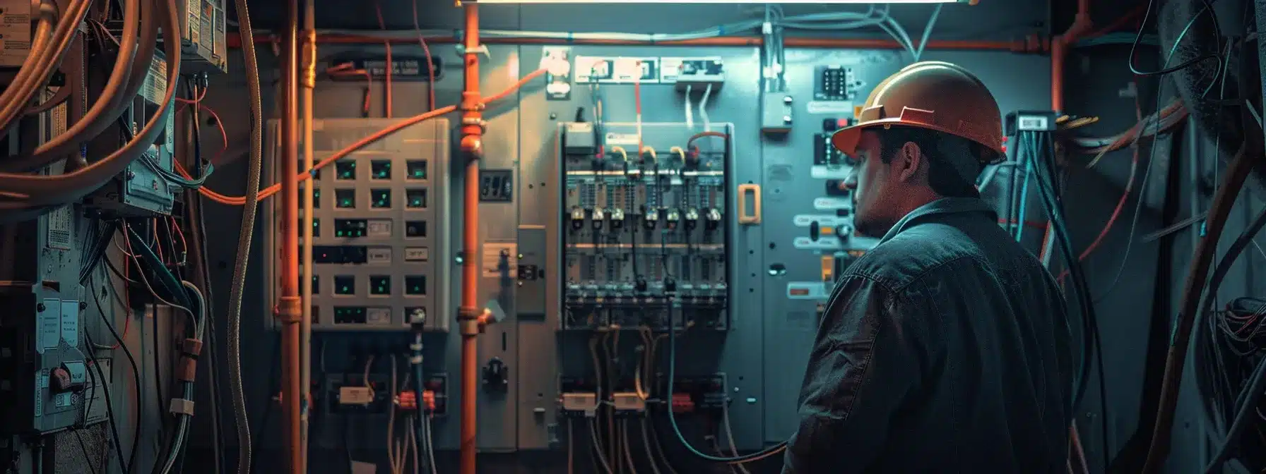 a residential circuit breaker box with a technician conducting an inspection.