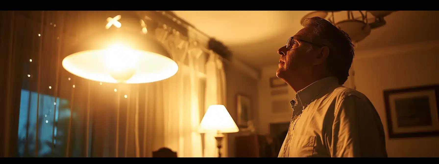 a homeowner looking at a flickering light fixture with concern.