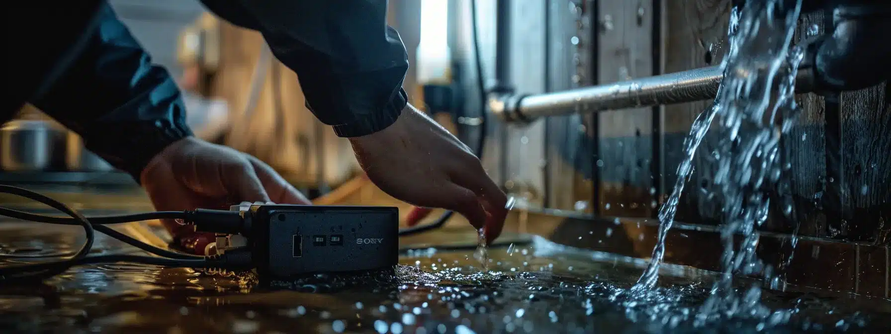 a person plugging in an electrical device near a water source with a gfci outlet nearby for enhanced safety.