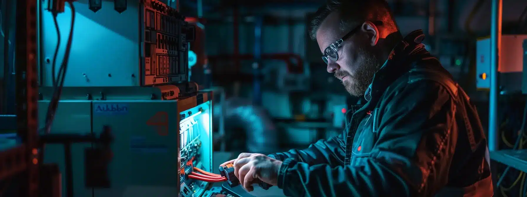 electrician with toolkit examining control panel in dark room.