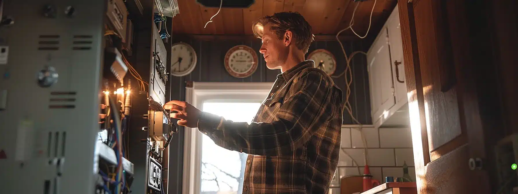 a person inspecting an electrical panel in a home in lexington, ky.