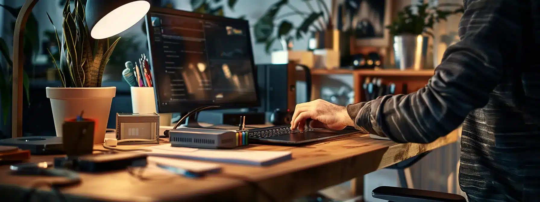 a person carefully installing a surge protector in a home office setup.