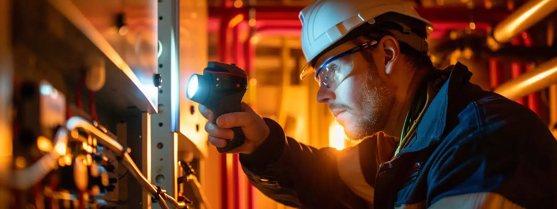 an electrician inspecting a backup power source with a flashlight during an emergency wiring check.