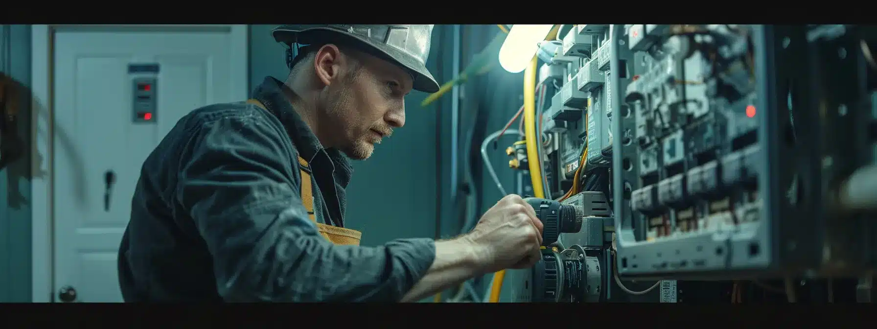 a professional electrician carefully examining a circuit breaker panel with a toolbox beside them.