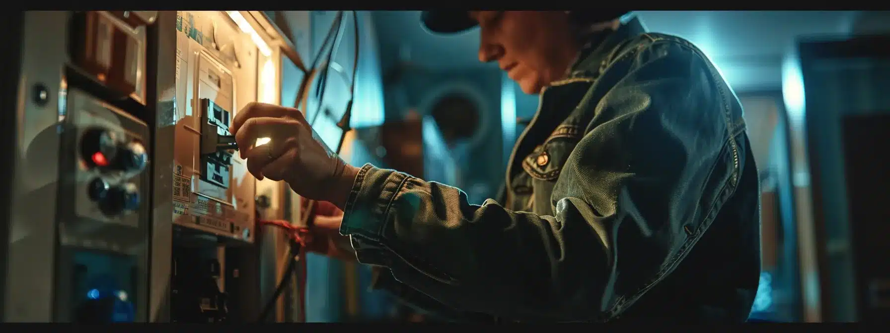 a person carefully replacing a circuit breaker in a dimly lit room.
