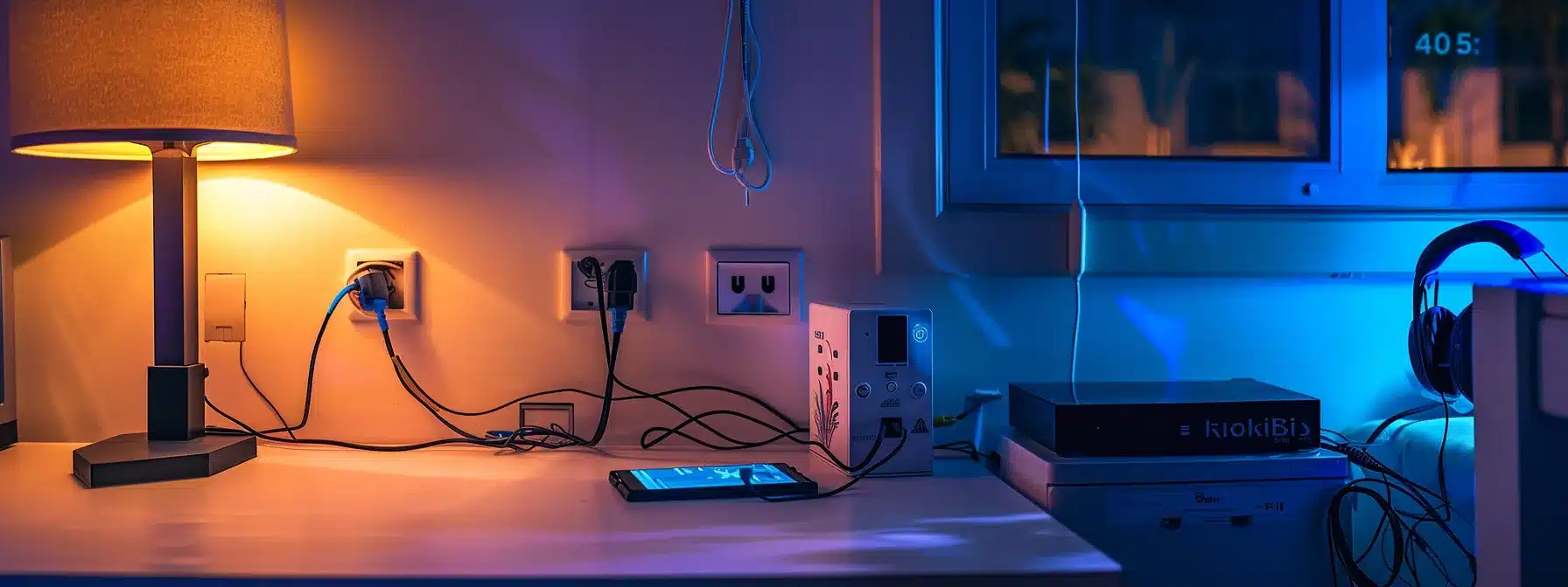 a surge protector plugged into a power outlet with various electronic devices connected to it.