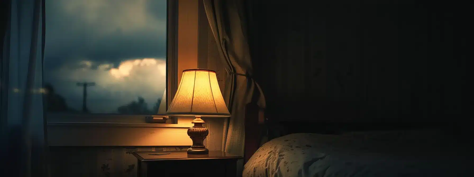 a flickering light in a dimly lit room with dark storm clouds outside the window.