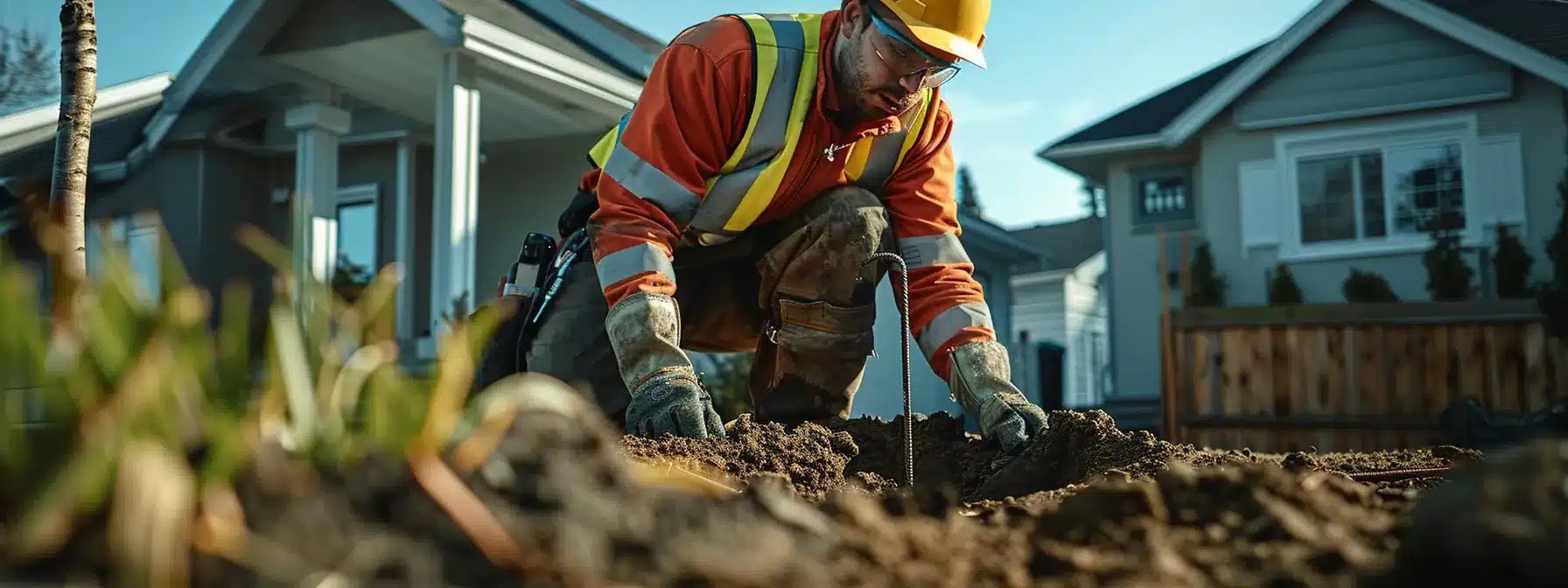 a person in safety gear installing a ground rod in front of a residential home.