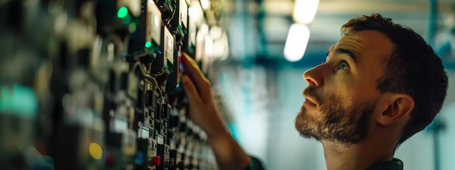 a person inspecting a circuit breaker panel with a serious expression.