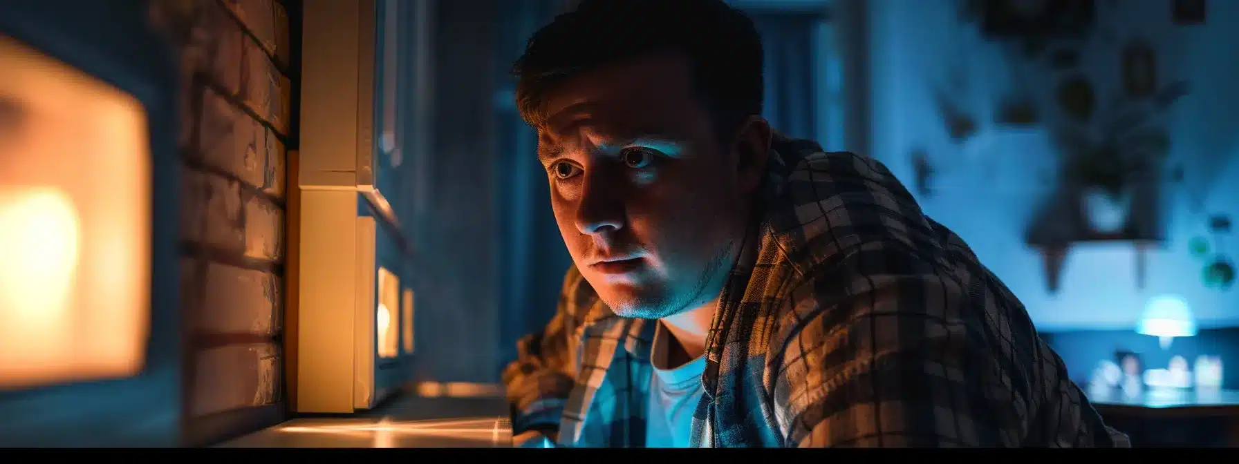 a homeowner looking concerned at a flickering light and a strange smell coming from an outlet.