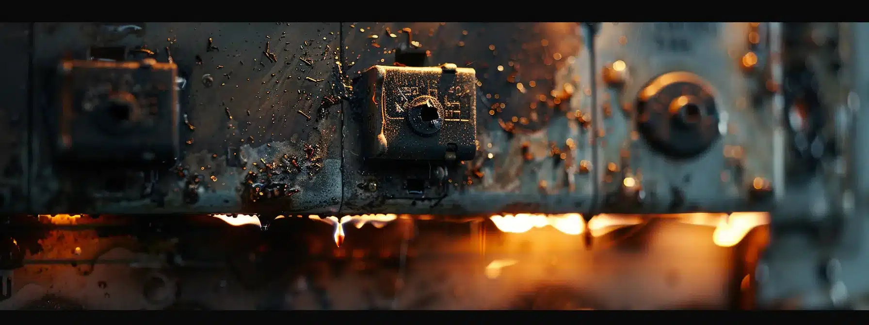 a circuit breaker with visible burn marks.