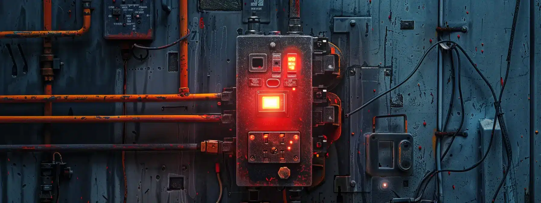 a circuit breaker panel with a glowing red indicator light signaling a ground fault.