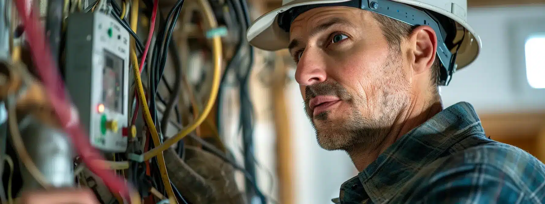 a professional electrician inspecting electrical wires in a home.