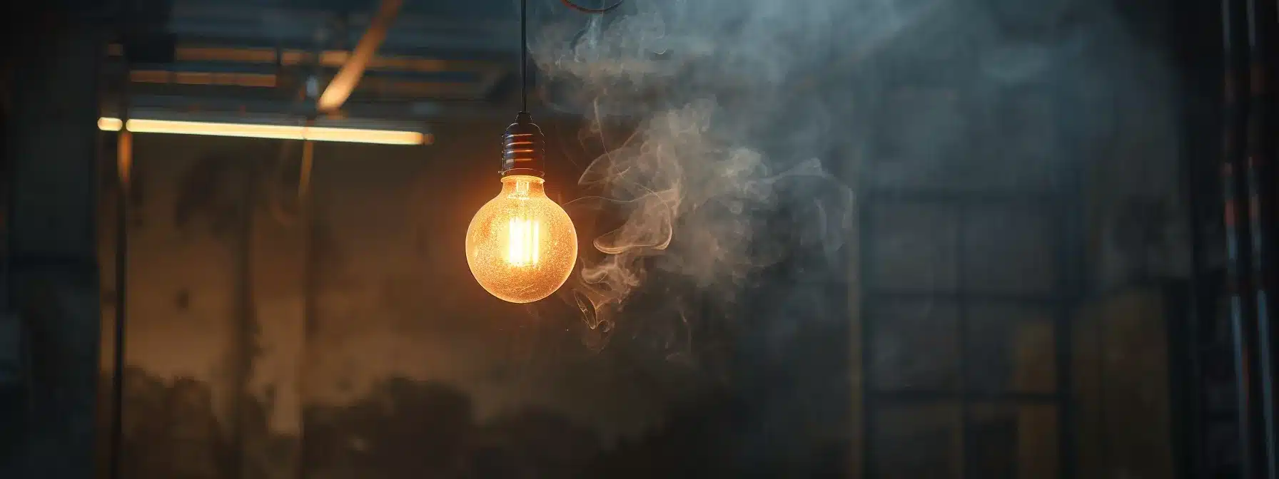 a dark, smoky room with a flickering light bulb hanging from the ceiling.
