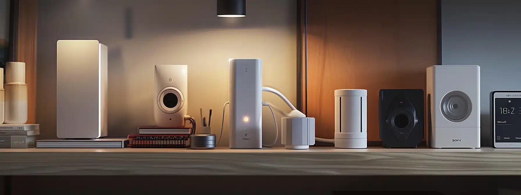 a modern surge protector plugged into a power outlet next to a variety of electronic devices.