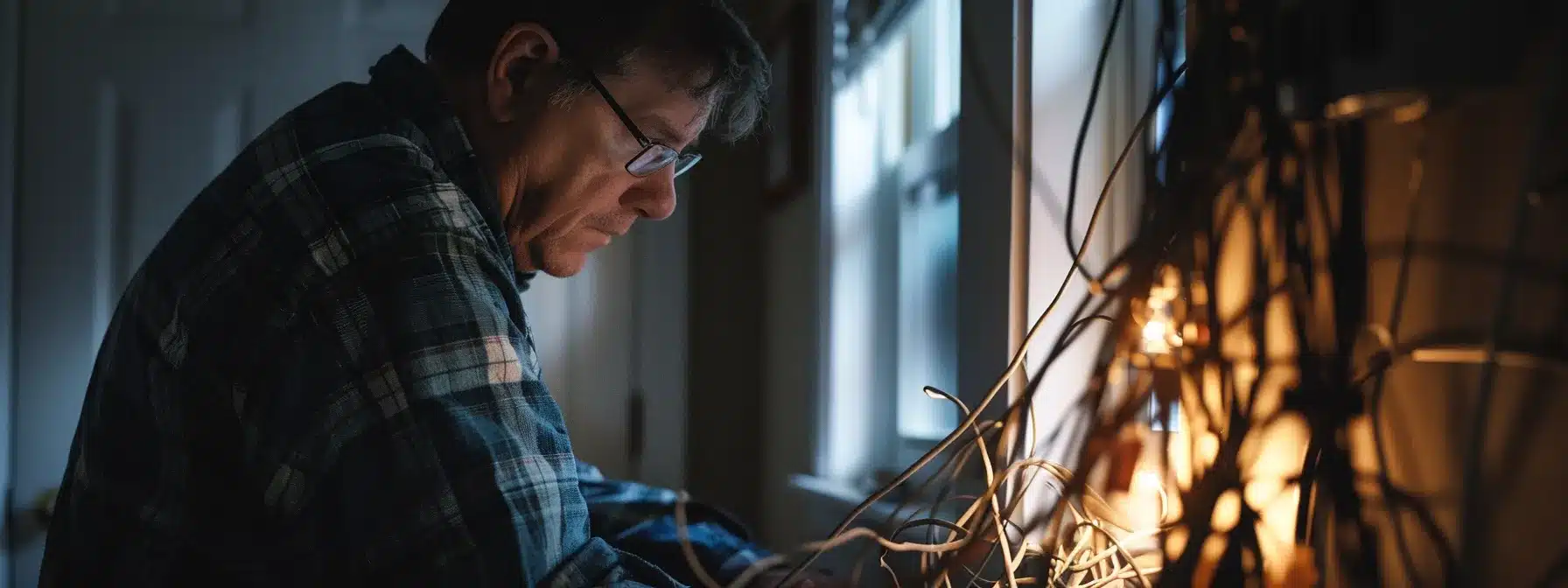 a homeowner examining a cluster of tangled wires near a power strip.