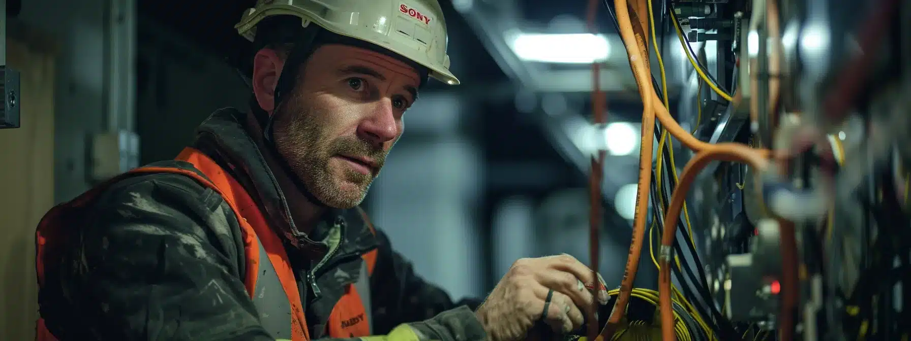an electrician in a safety helmet working on repairing electrical wiring.