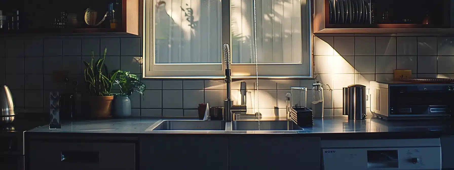 an electrical appliance placed far away from a running faucet in a kitchen.