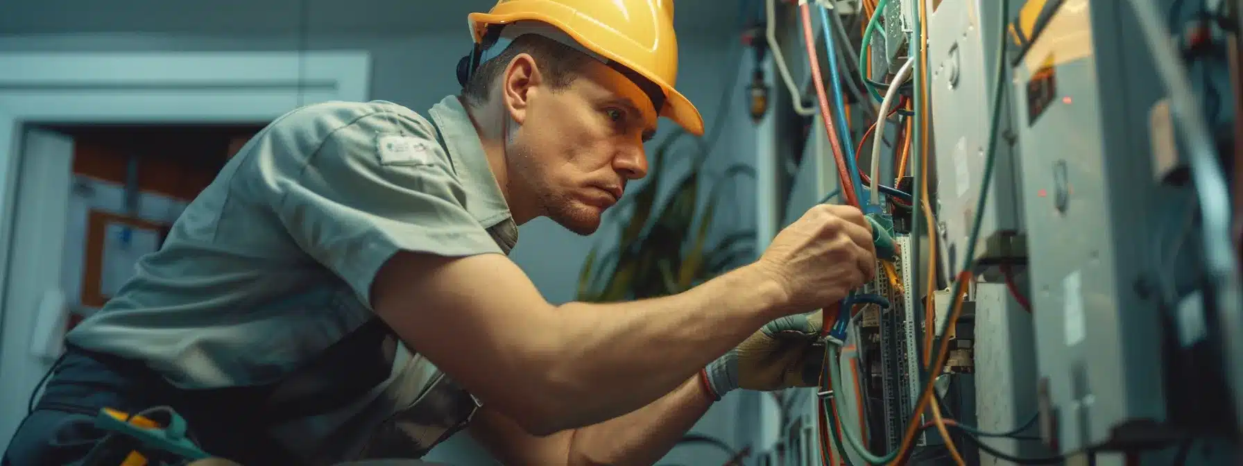 professional electrician installing new panel upgrade in a busy, well-lit room.