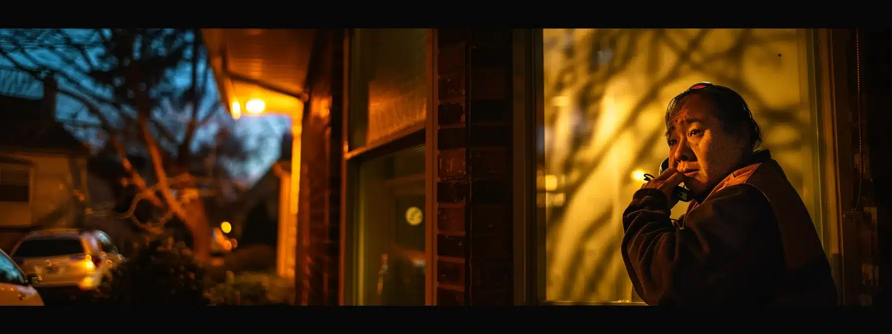 a homeowner on the phone late at night, with a concerned expression, as a electrician rushes to fix a wiring issue.
