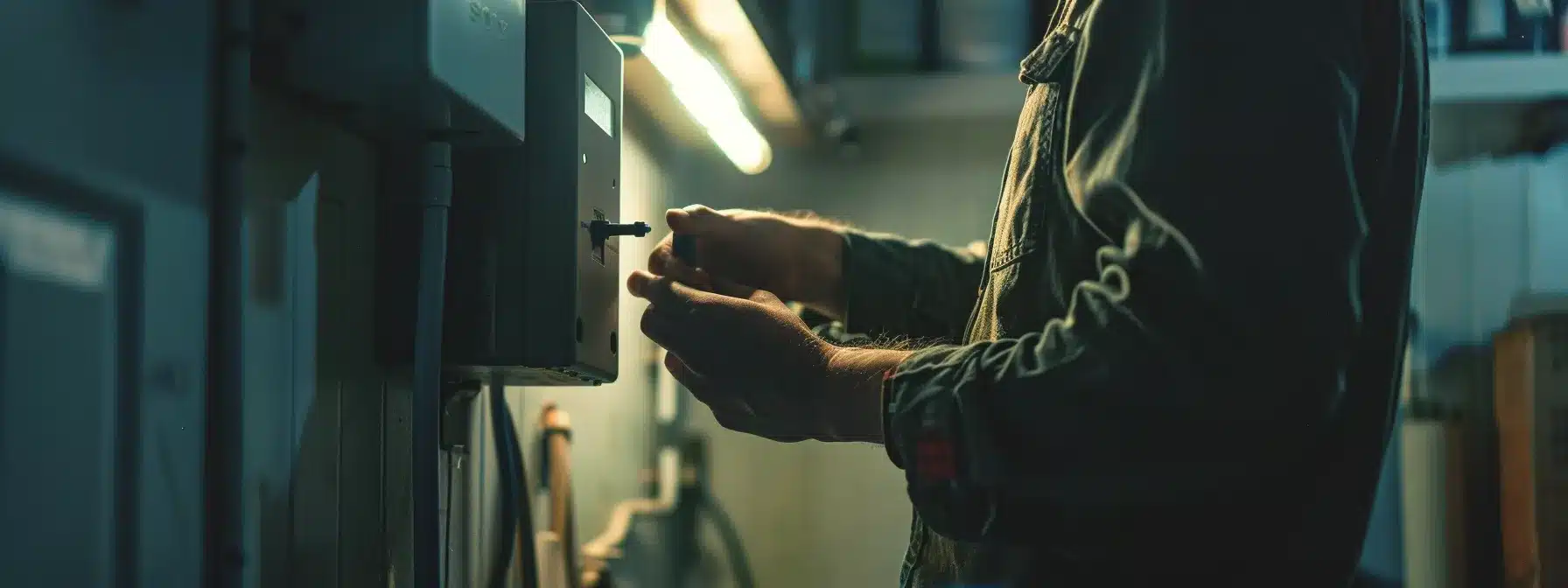 a person flipping a circuit breaker switch in a dimly lit utility room.