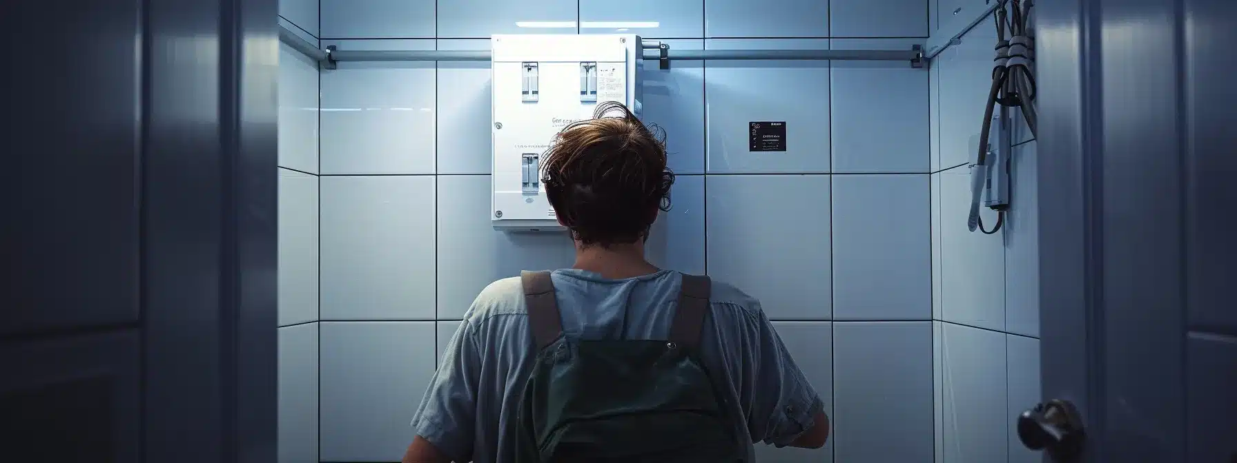 a person inspecting the circuit breaker box in a bathroom.