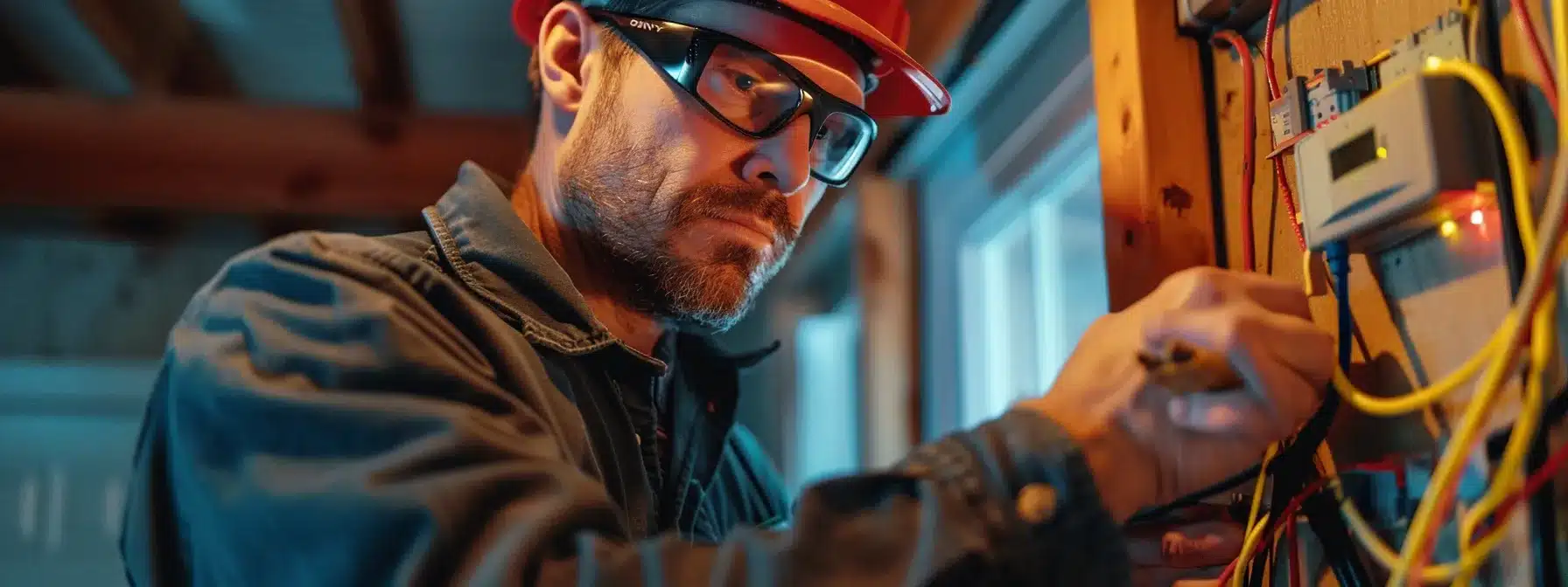 an electrician installing an arc fault circuit interrupter in a home to prevent electrical fires.