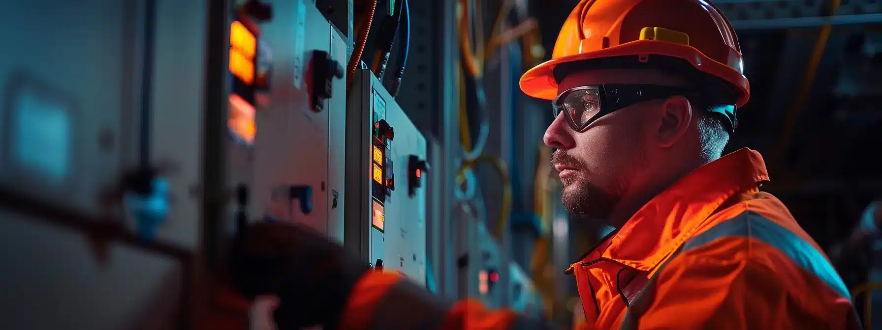 a person wearing safety gear inspecting a circuit breaker panel with caution.