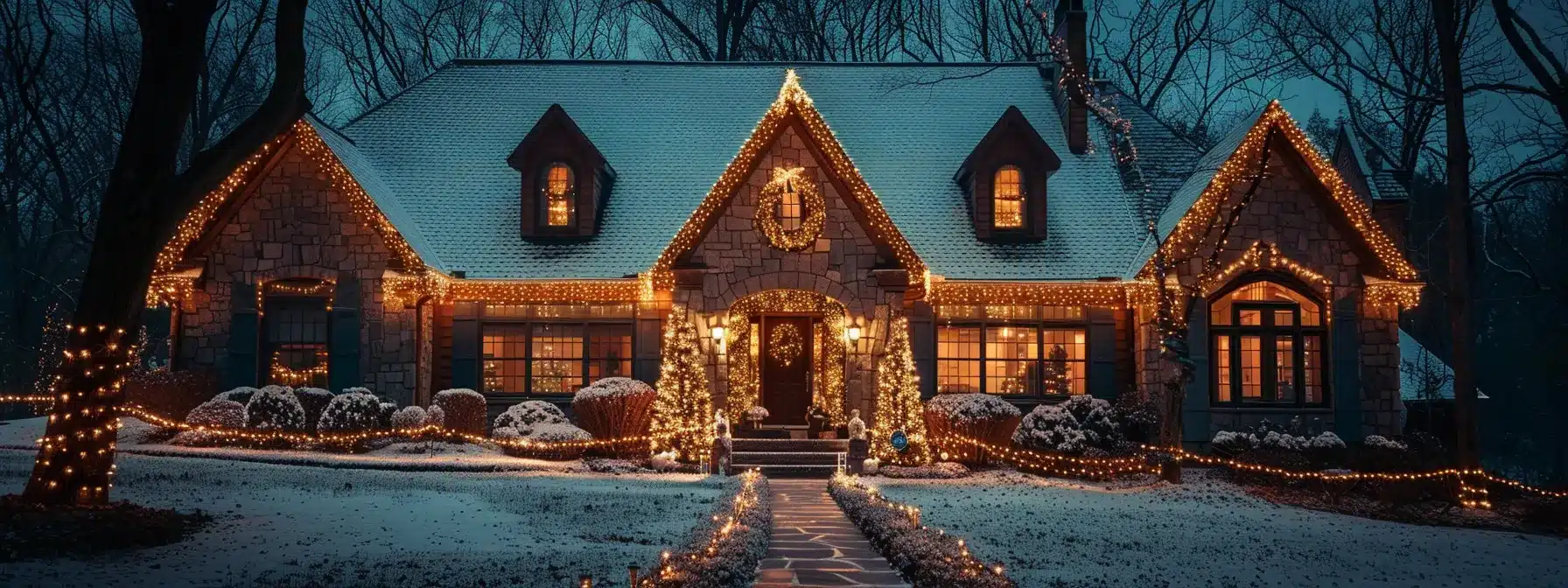 a beautifully lit home with christmas lights covering the exterior and the roof.
