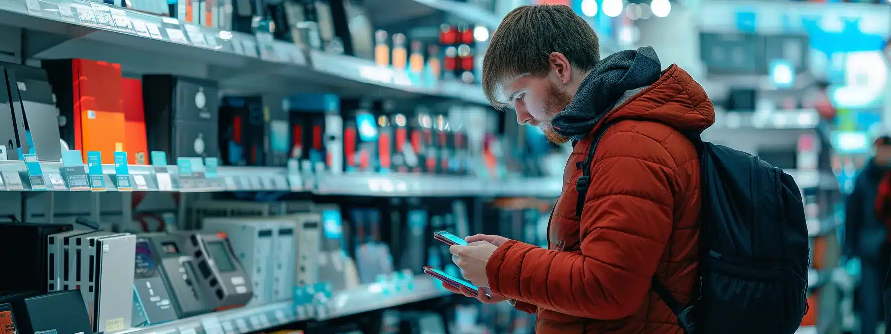 a person carefully comparing different surge protectors on a display shelf in an electronics store.