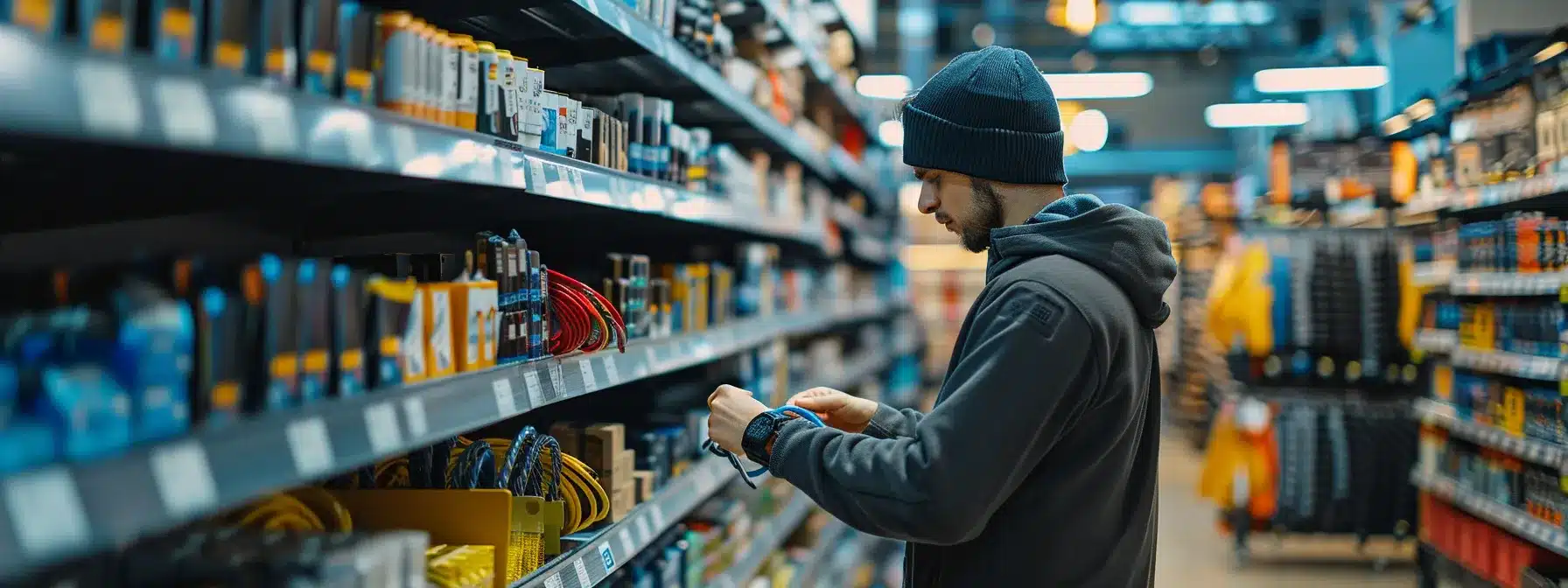 a person selecting waterproof cords and plugs from a display shelf in a hardware store.