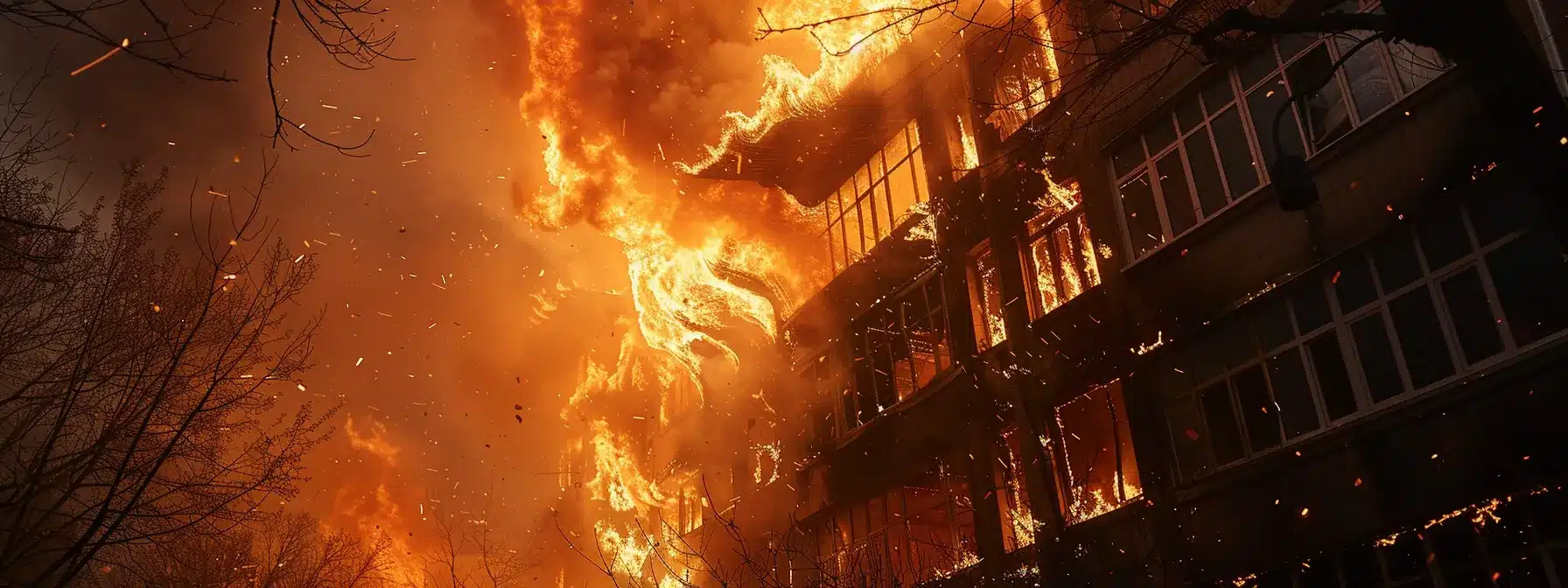 a building engulfed in flames due to neglected emergency wiring system checks.