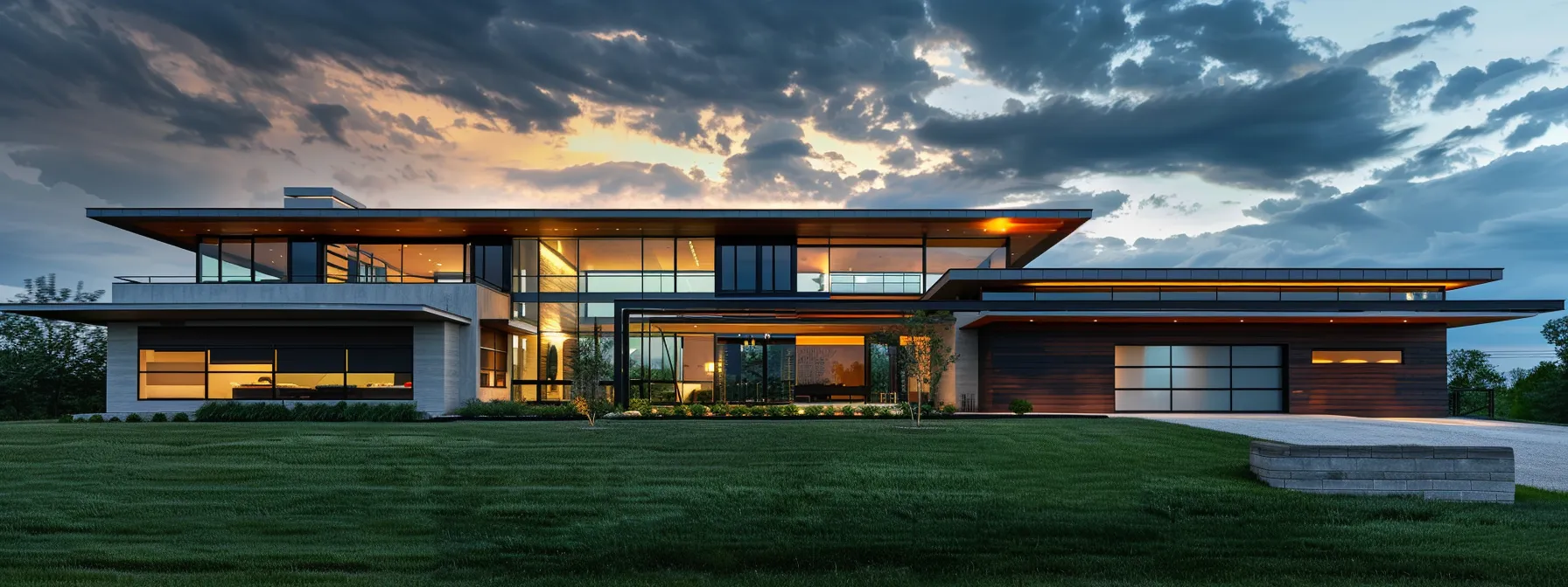 a modern suburban home at dusk, illuminated by warm exterior lighting, features a neatly manicured lawn and a two-car garage, set against a slightly cloudy sky that suggests the need for reliable backup power during impending storms.