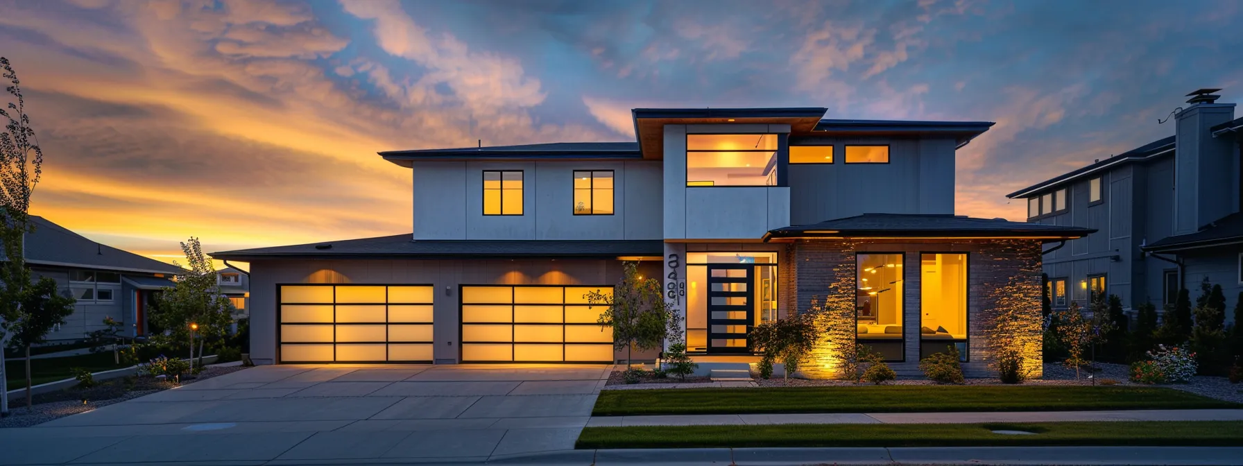 a modern suburban home at dusk, warmly illuminated, stands resilient against a slightly cloudy sky, highlighting the need for dependable emergency generator services amid an impending storm.