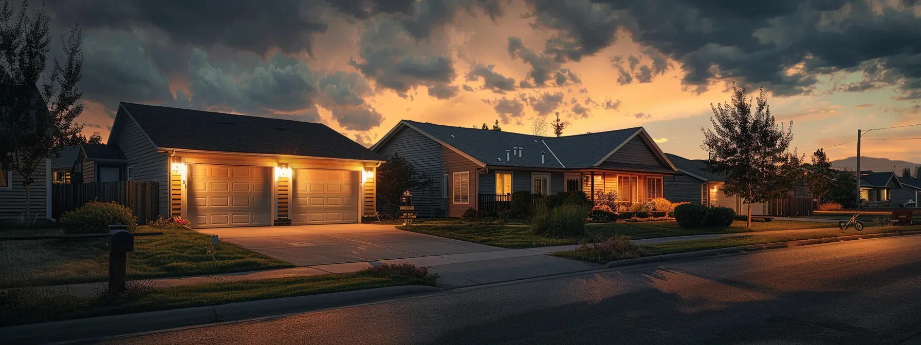 a modern suburban home at dusk, warmly illuminated, with a neatly maintained lawn and a two-car garage, set against a slightly cloudy sky that hints at impending storms, emphasizing the importance of reliable emergency power.