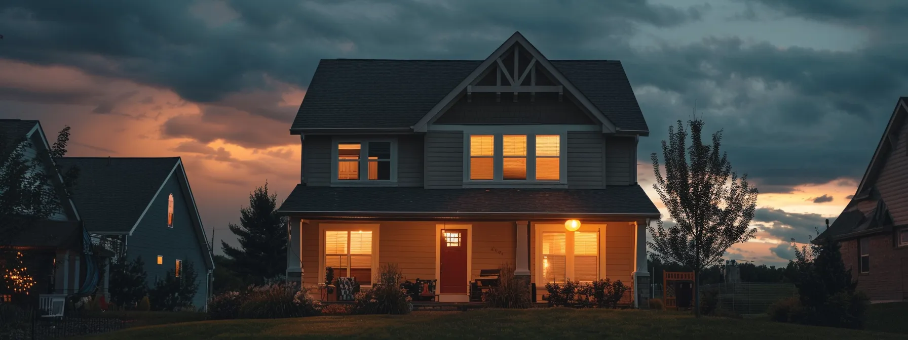 a modern suburban home at dusk, illuminated by warm lights and surrounded by a neatly maintained lawn, stands as a symbol of reliability and comfort against a backdrop of slightly cloudy skies, hinting at the need for dependable backup power during potential storms.