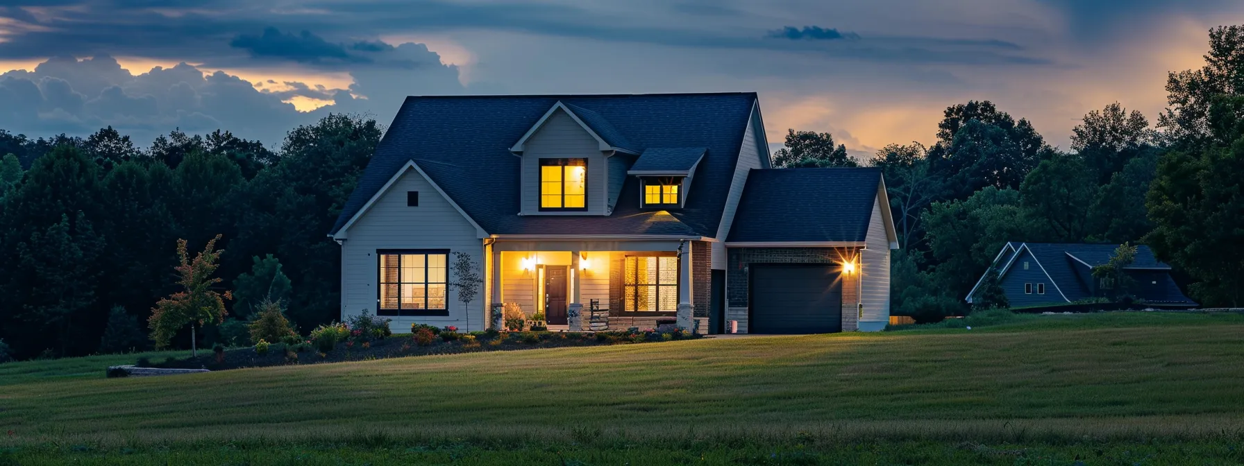 a modern suburban home at dusk, glowing warmly with exterior lights, stands amid a neatly maintained lawn and a peaceful neighborhood, while an overcast sky hints at impending storms, illustrating the importance of reliable backup power in louisville's changing weather.