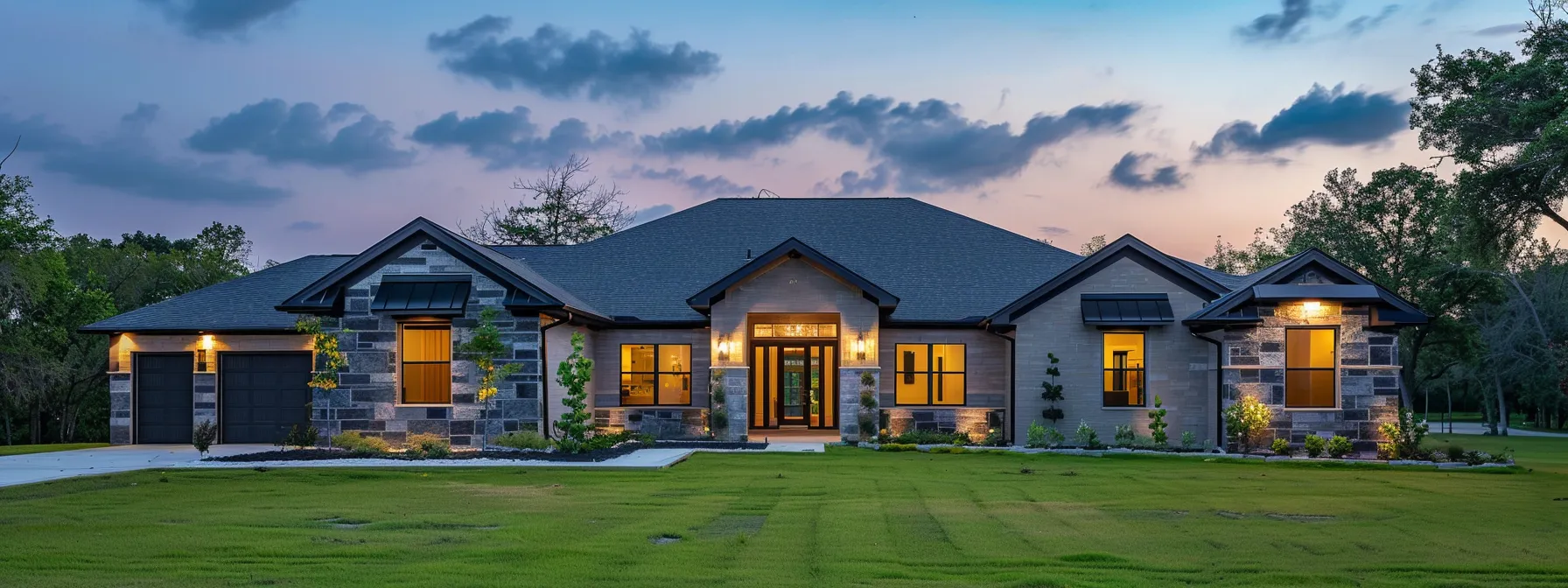 a modern suburban home at dusk, elegantly illuminated with warm lighting and surrounded by a neatly maintained lawn, stands as a beacon of reliability against a slightly cloudy sky, emphasizing the importance of diy generator maintenance in preparation for impending storms.