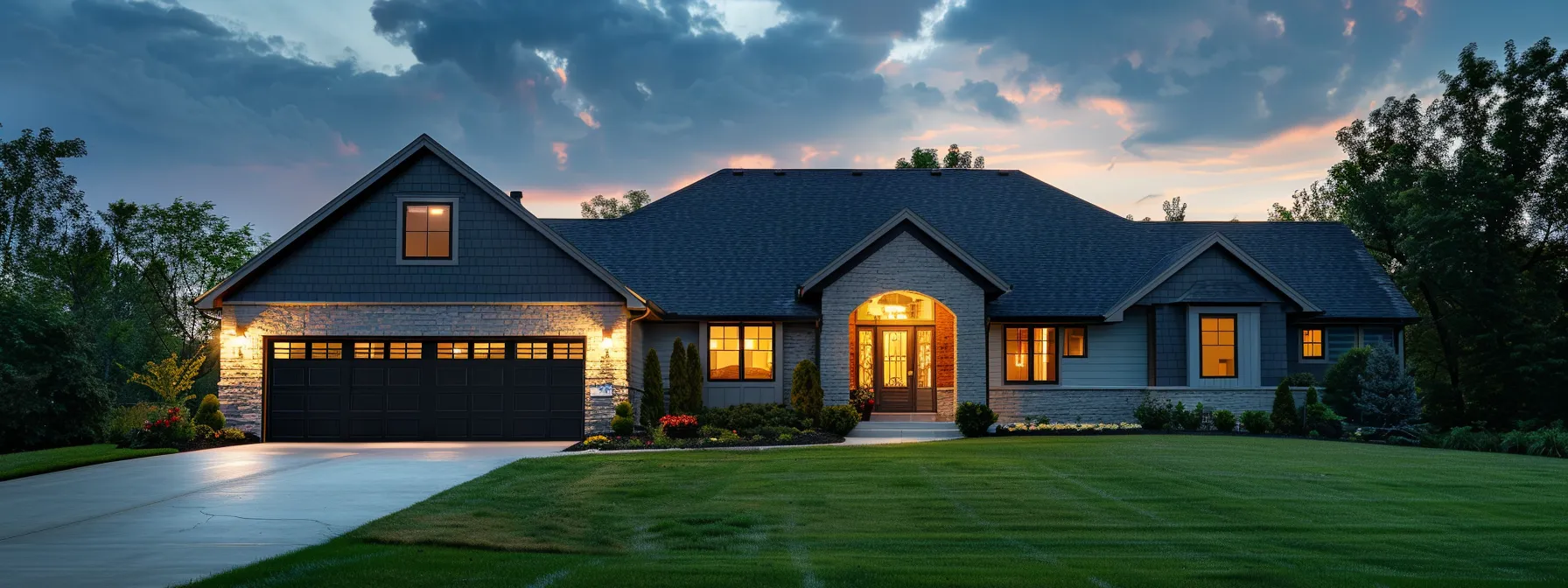 a modern suburban home at dusk glows warmly with exterior lights, showcasing a neatly maintained lawn and a two-car garage, all set against a hint of stormy clouds in the sky, symbolizing the importance of reliable generator installation services.