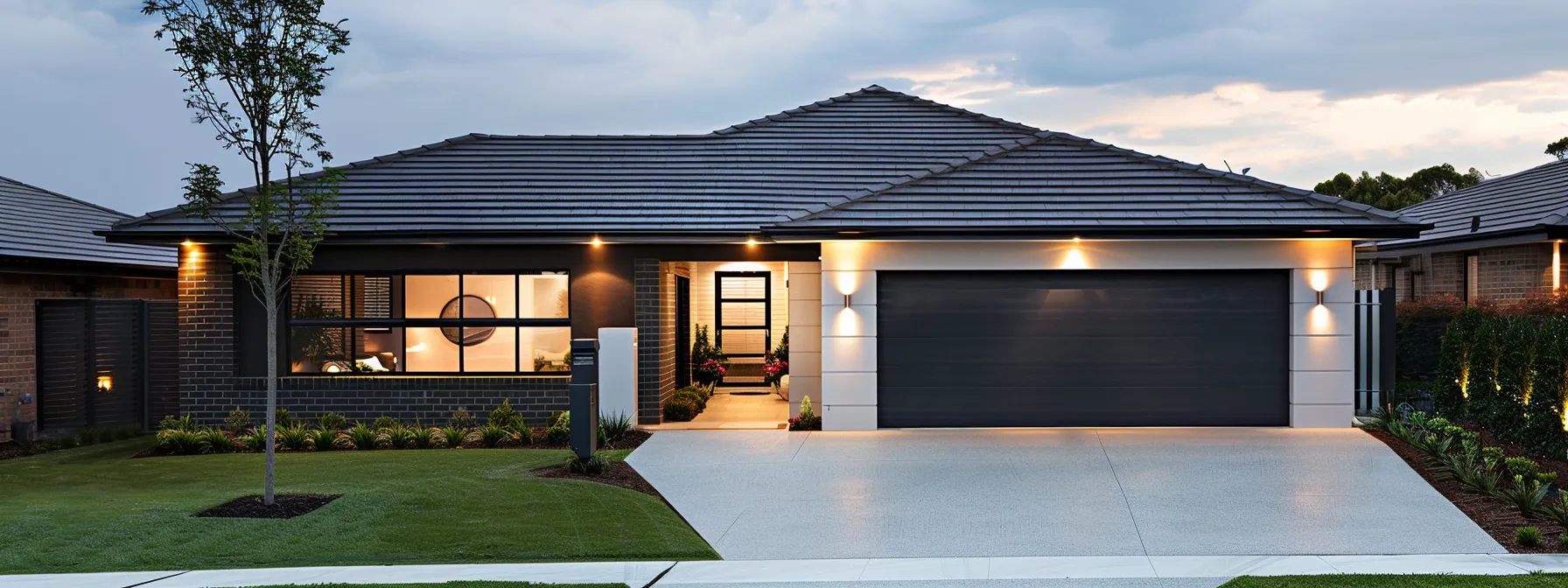 a modern suburban home at dusk, bathed in warm exterior lighting, showcases its neatly maintained lawn and two-car garage, set against a slightly cloudy sky that hints at impending storms, symbolizing the essential reliability of standby generators in emergency situations.