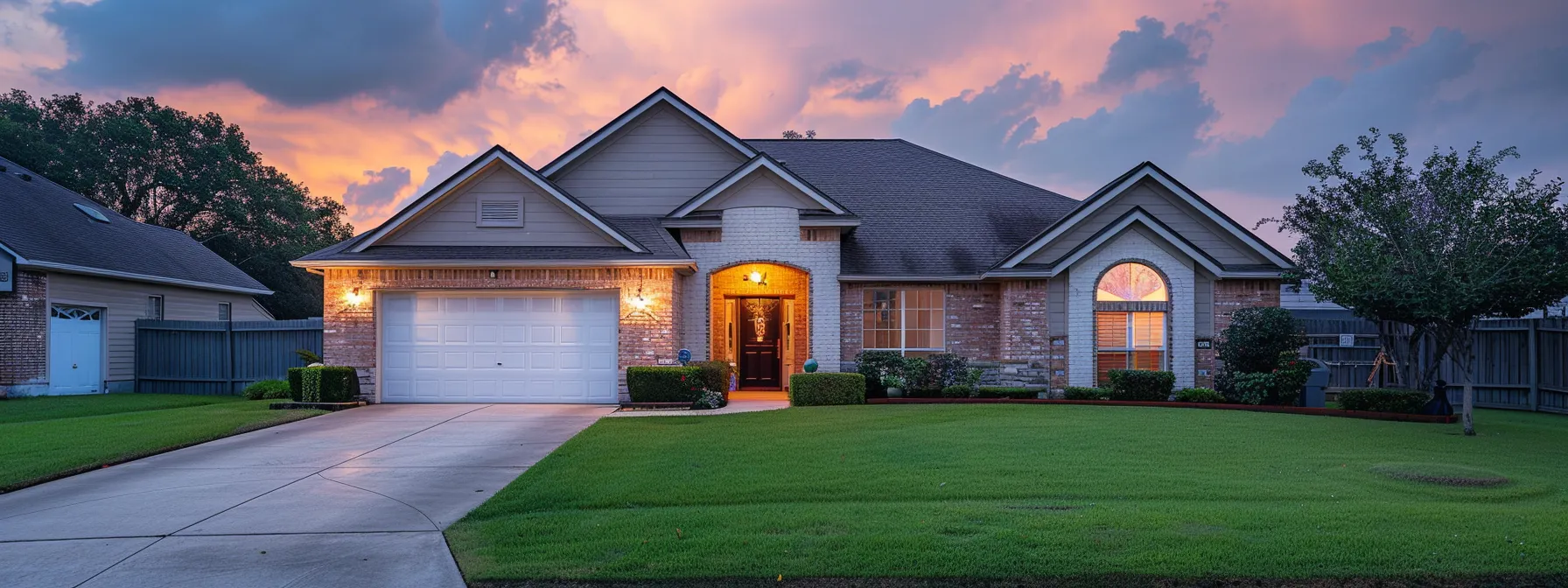 a modern suburban home at dusk, illuminated by warm exterior lighting, stands proudly with a well-maintained lawn and two-car garage against a slightly cloudy sky, highlighting the importance of reliable backup power amidst a serene neighborhood.