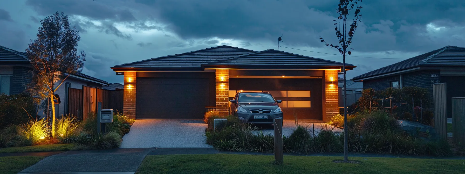 a modern suburban home at dusk, illuminated by warm exterior lights, showcases its meticulously maintained lawn and two-car garage against a backdrop of slightly cloudy skies, symbolizing the importance of reliable backup power amidst potential storms.