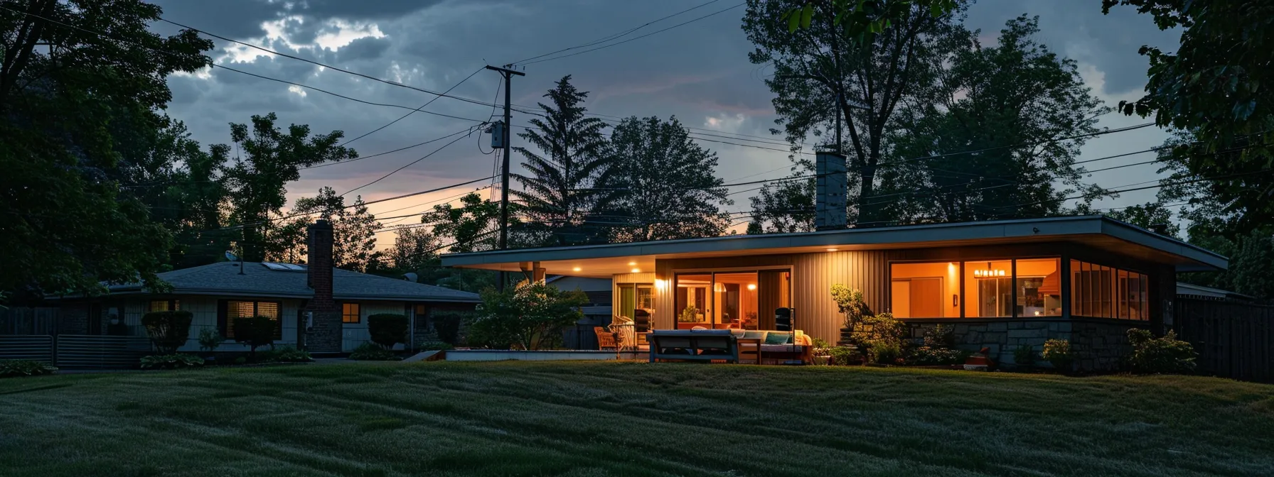 a modern suburban home at dusk, warmly illuminated, stands resilient against a slightly cloudy sky, highlighting the importance of reliable backup power solutions for homeowners in louisville, ky.