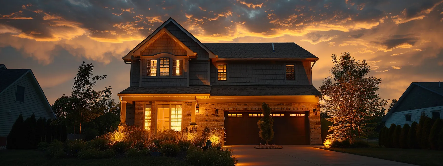 a modern suburban home at dusk, bathed in warm exterior lighting, stands resiliently against a backdrop of slightly cloudy skies, highlighting the importance of reliable backup power amid the tranquil neighborhood setting.