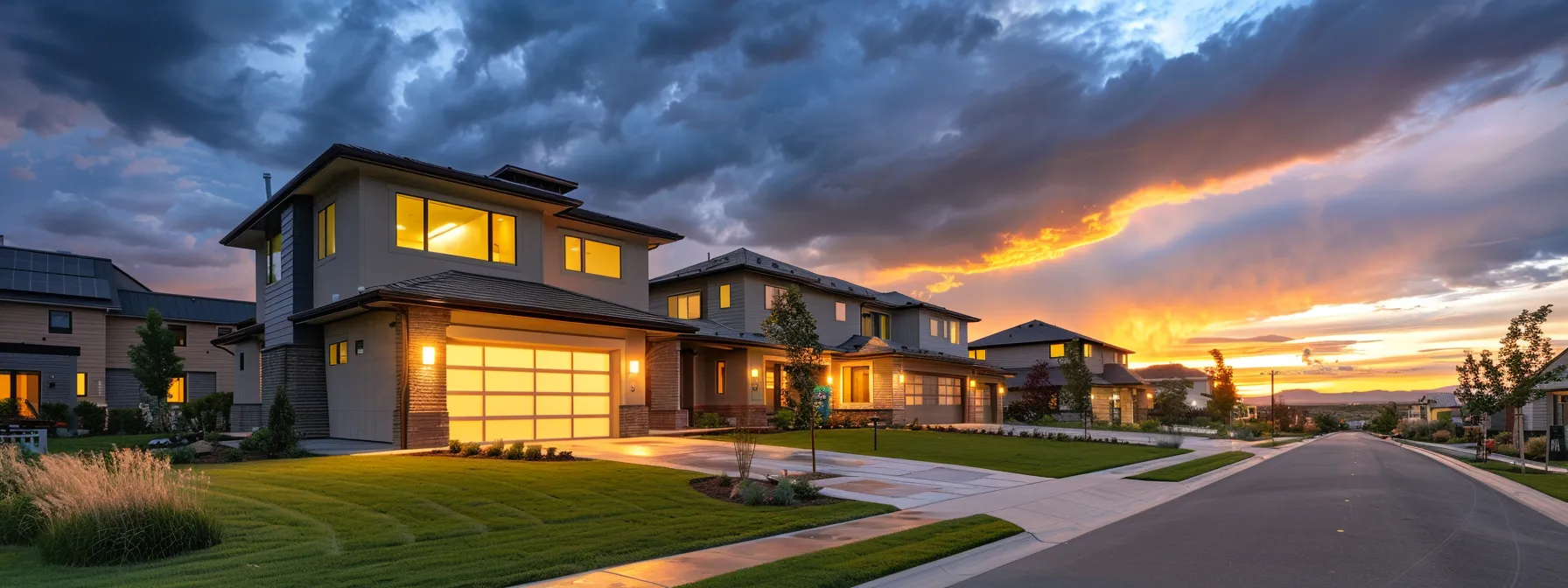 a modern suburban home at dusk, illuminated by warm exterior lights and showcasing a neatly maintained lawn, reflects a sense of preparedness against the looming stormy sky, symbolizing the vital importance of reliable backup power in the community.