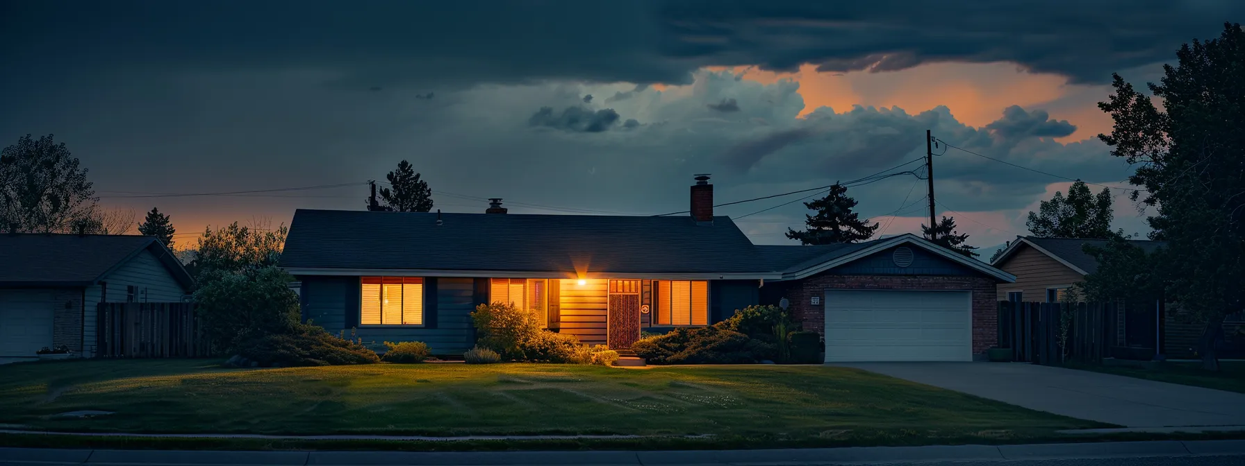 a modern suburban home at dusk, glowing warmly amidst a neatly maintained lawn and a peaceful neighborhood, with an atmospheric, slightly cloudy sky hinting at incoming storms, symbolizing the importance of reliable backup power.