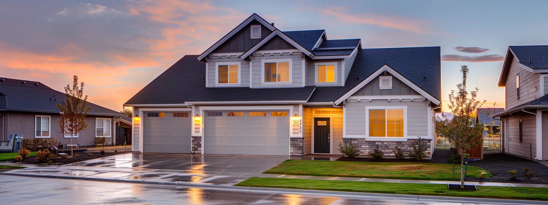 a modern suburban home at dusk, illuminated by warm exterior lights, stands resilient against a slightly cloudy sky, highlighting the importance of a dependable backup generator in a peaceful neighborhood setting.