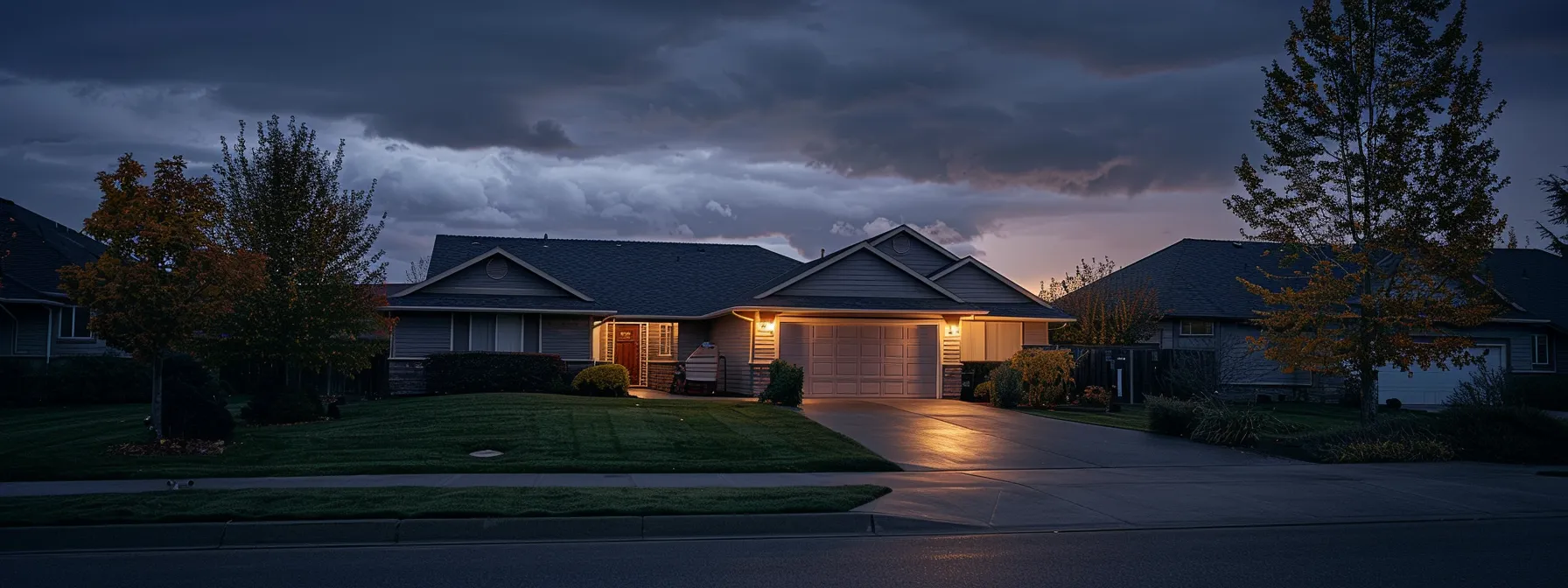 a modern suburban home at dusk, warmly illuminated with exterior lights, showcases a neatly maintained lawn and a two-car garage under a slightly cloudy sky, highlighting the importance of reliable backup power as stormy weather approaches.