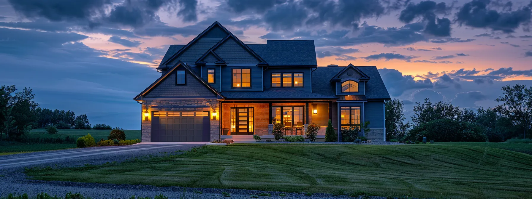 a modern suburban home at dusk, warmly illuminated against a backdrop of slightly cloudy skies, symbolizes the future of residential generator services in kentucky, highlighting both the beauty of innovation and the essential need for reliable backup power amid looming storms.
