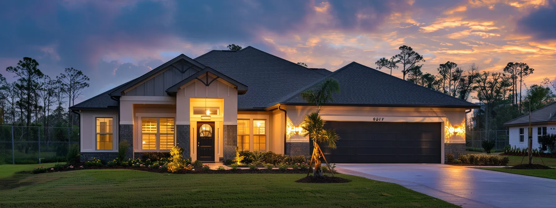 a modern suburban home at dusk, radiating warmth from its exterior lighting against a slightly cloudy sky, symbolizes the peace of mind and reliability of a standby generator amidst the looming threat of storms.